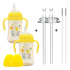 Pure Child 防倒流 PPSU 吸管杯 240ml x 2p + 水龍頭 2p + 吸管 2p + 刷子 2p 套裝, 黃色, 1組