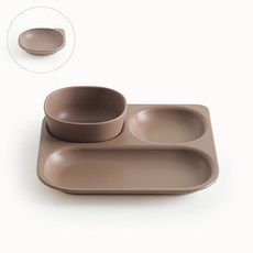 TACKAON 嬰幼兒用方形3格餐具組, 3格餐盤 + 飯碗 + 迷你S盤, 棕色, 1套