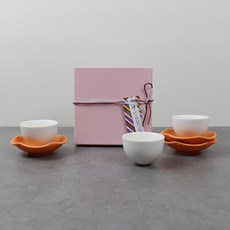 Dalsogum 圓形茶杯3人熟柿色套組, 白色 + 橘色, 1套, 茶杯3p + 茶杯托3p