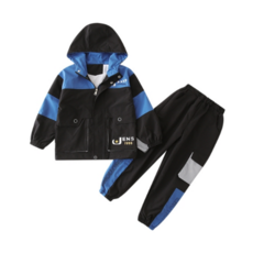 孩童拼色連帽長袖外套+鬆緊長褲套裝