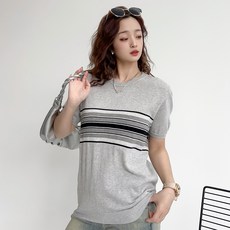 더시럽 여성용 포인트 스트라이프 니트 반팔 티셔츠