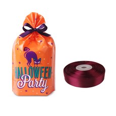 indi.k 橘色萬聖節派對OPP塑膠袋50入 + 酒紅色緞帶22m套組, 1套, 混色