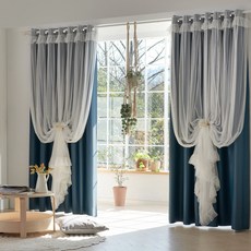 VIEW HOUSE Velice 抓皺蕾絲分離式遮光窗簾組, 海軍藍色