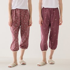 테라우드 여성용 통기성 던플라워 프릴 밴딩 9부 파자마 바지 2종 세트