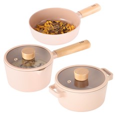 nEOFLam IH爐適用Fika Objet系列韓國產鋁鑄鍋具3件組, 牛奶鍋 16cm+小炒鍋 18cm+雙耳鍋 16cm, 1組, 蜜桃粉