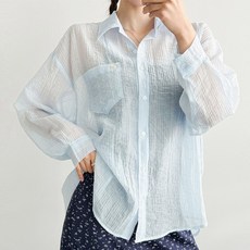KnitNJean 女款寬鬆版型透膚口袋純色襯衫