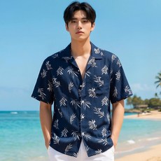 헤링본 남성용 트로피컬 리프 하와이안 루즈핏 반팔 빅사이즈 셔츠 NJ105