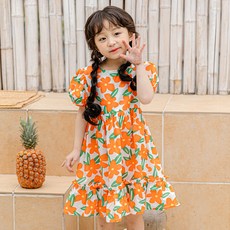 Lala Amang 女童款花朵圖案泡泡袖連身裙