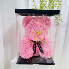 Lovely Farm 花朵熊娃娃 + 專用盒 + 緞帶裝飾 + LED燈泡 + 字母貼紙 全套組 紀念日 L, 粉紅色, 1個