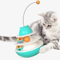 펫콤마 고양이 오뚜기 2층 회전볼 장난감 + 깃털 낚시대, 블루, 1세트