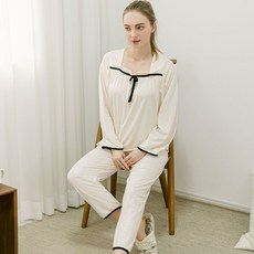 Anna&Co 女性粉彩荷葉邊蝴蝶結長袖睡衣家居服上下衣套裝