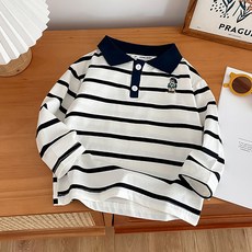 JOYMULTI 童款橫條紋小熊長袖翻領T恤