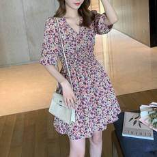 더시럽 쉬폰플라워 브이넥 플레어 원피스