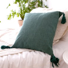 Lead home 純棉亞麻流蘇方型靠墊, 深綠色