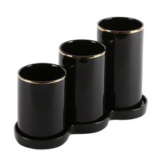 PUKO 經典金邊3格餐具筒 + 托盤, 黑色, 1個