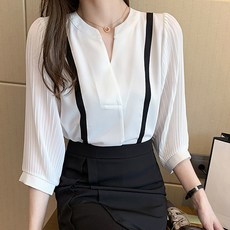 POPLAR NC 女款V領細褶長袖雪紡襯衫