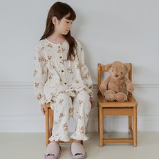 Jjiniya 女童學生軟綿熊 40支純棉兒童睡衣 長袖上下套裝