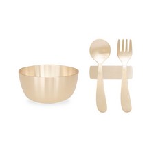 놋향 유아용 방짜유기 죽그릇 4p 세트, 밥공기 + 로다스푼 + 로다포크 + 수저받침, 은은한 골드빛