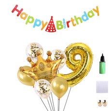 미니띠네 크라운 파티 숫자 9 풍선 골드 81cm + 해피벌스데이 가랜드 레인보우 + 왕관 풍선 골드 + 컨페티 라텍스 풍선 3p + 라텍스 풍선 골드 2p + 스폰지 닷 + 리본끈 골드 + 리본끈 로즈골드 2p + 펌프 랜덤발송 세트, 혼합색상, 1세트