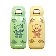 太空人彈蓋式保溫瓶 350ml 2入+貓咪太空貼紙 9款+小狗太空貼紙 9款組, 黃色+綠色, 1組
