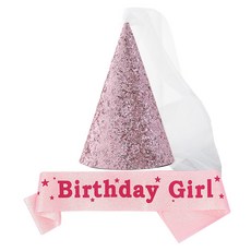 joyparty 亮片頭紗派對尖頂帽 + 生日肩帶 Birthday Girl 套組, 粉紅色(帽子), 粉紅色(肩帶), 1套