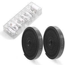 MONACO OLIVE 魔鬼氈束帶 2入 + 分格電線整理收納盒, 黑色(束帶), 透明(收納盒), 1套