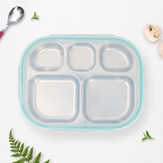 RAONNURI 兒童用優質全不鏽鋼5格幼兒園便攜密封餐盤 B款, 綠色, 1個