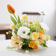 flowertree 人造花 春日鬱金香一株 牡丹三朵 中心擺飾 29cm, 黃色, 1個