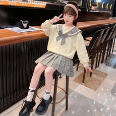 ORANGEDAMOM 女童水手領格紋菱格紋大學T恤裙子套裝