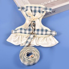 Yoreungae 寵物格紋蝴蝶結胸背帶 + 牽繩, 03藍色格紋, 1套