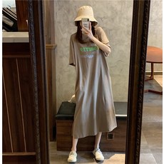 PEONIST 女款寬鬆版短袖長版連身裙 含大尺碼, 卡其色