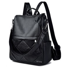 NEW'N 女性日常上班族大學生輕量皮革後背包 N88W, 黑色