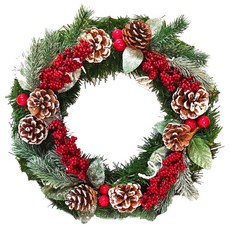 台製歐式優雅冬雪系小紅莓刷白松果質感聖誕花圈 福臨圈 14吋, 紅色系, 1個