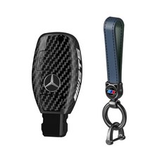 HAMATE 賓士智能鑰匙 360度防撞保護全碳纖維鑰匙殼 + 皮革鑰匙扣套組, HMBM_B300, A款 黑色