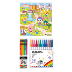 地球化學 Pororo 不沾手蠟筆 18色 + Tocobi Coma 三角橡皮擦鉛筆 TC-208 B + Monami 超級簽字筆 12色, 混合顏色, 1套