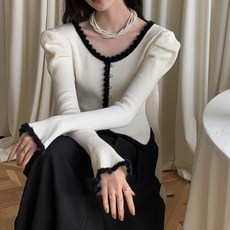 PEONIST 女款珍珠鈕扣小荷葉邊針織開襟衫