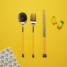 Bogen 孩童雙色金屬湯匙+筷子+叉子, 銀色 黃色, 湯匙+筷子+叉子, 1組