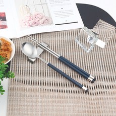 Bogen 韓國製方形雙色銀色湯匙筷子 + 筷架 1人組, 1套, 藍色, 湯匙 + 筷子 + 不鏽鋼銀色湯筷架