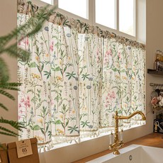 韓國 GNY 春季花卉圖案穿桿式短窗簾, 粉紅花朵