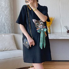 고급 고양이 자수 체크 리본 귀여운 임산부 원피스