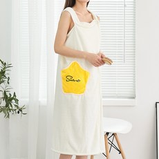 女款星星圖案口袋吊帶連身裙式浴巾 L號, 象牙白, 2個