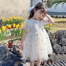 MK 女童奶油花朵紗質蕾絲刺繡連身裙