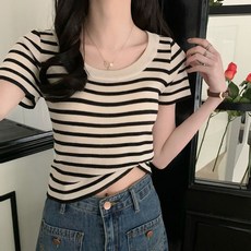 Raratina 女款 Nena 修身條紋半短版針織短袖