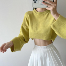 피어니스트 여성용 라운드 크롭 스웨터 하이 니트