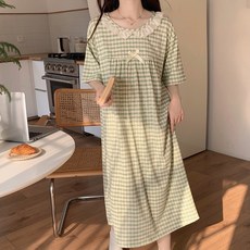 2'nd Pink 女款 那天的妳 格紋短袖寬鬆版型連身睡衣 #6201