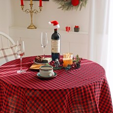 까사베르데 해피 위시 체크 양면 사각 크리스마스 식탁보, 2인(130 x 130 cm), 레드, 1개