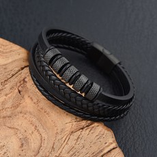 Buddha best 男性用 金屬 皮革 層疊 手鍊