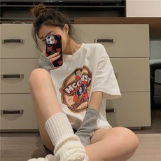 묘먀미 여성용 빅 빈티지 프린팅 캐주얼 라운드 반팔티 JN418