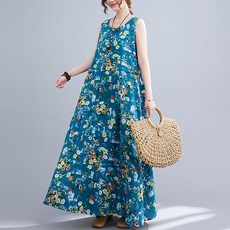 Lemon Soul Helpo 碎花長版連身裙 含大尺碼, 藍色