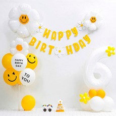 피앤비유니티 데이지 가랜드 숫자기둥 생일풍선 + 모자 + 안경세트, 화이트 숫자대6, 1세트